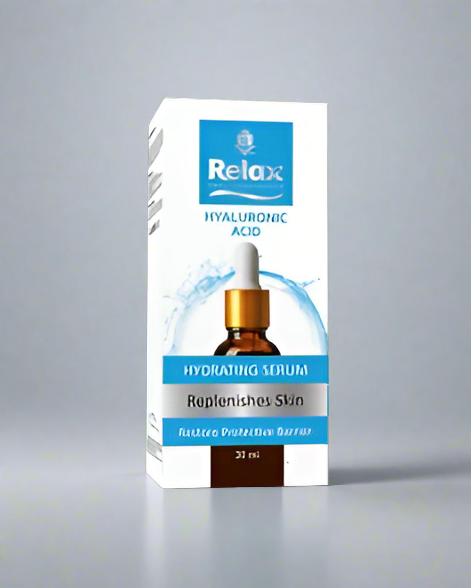 Relax Hyaluronic Acid Hydrating Serum packaging on a black background