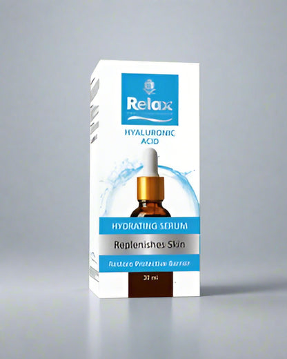 Relax Hyaluronic Acid Hydrating Serum packaging on a black background