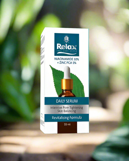 Relax daily serum packaging with dropper on a black background